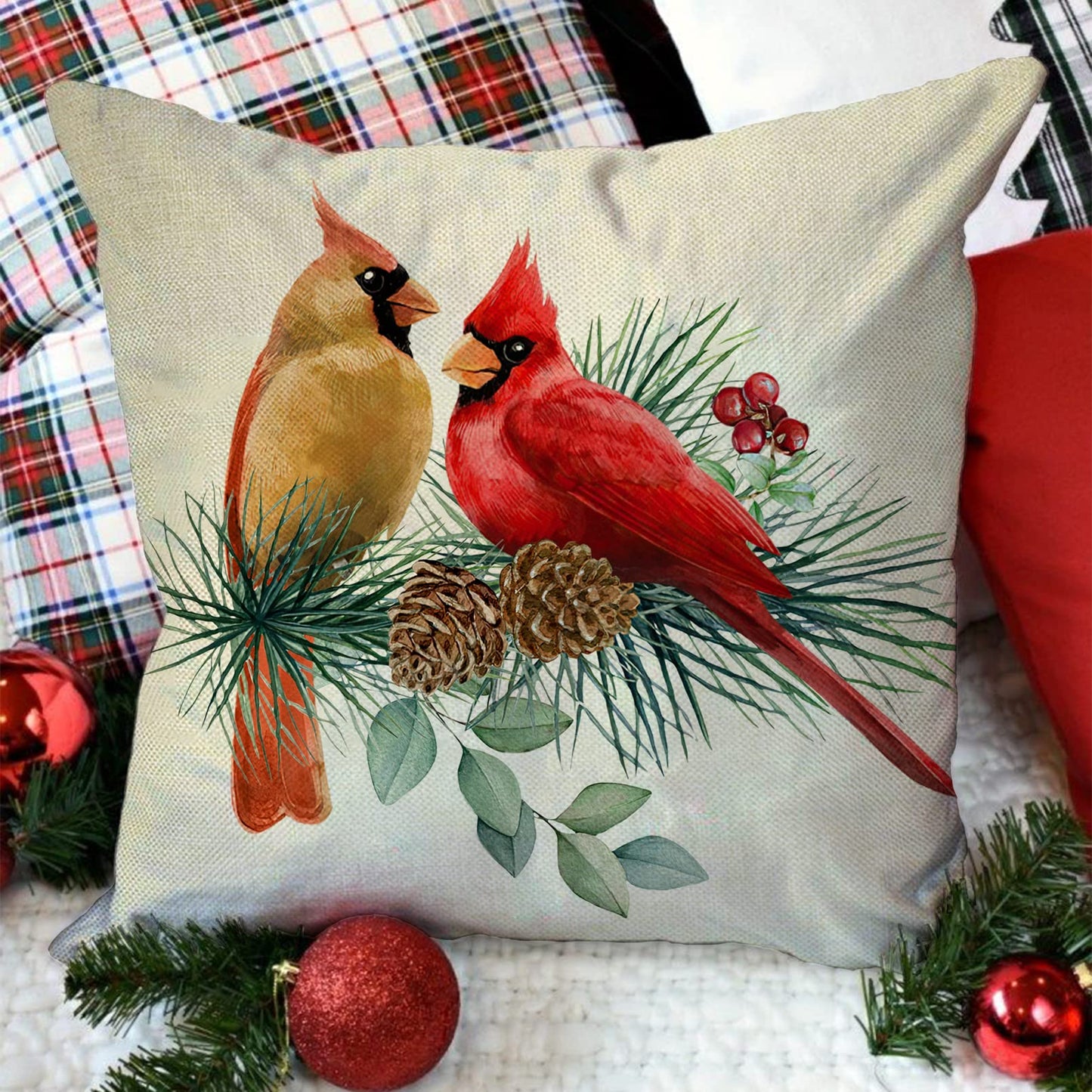 Ussap I Am Always with You Cardinal Red Birds Decorative Throw Pillow Cover Set of 4, Pine Cones Berry Cushion Case Decor, Winter Holiday Memorial Pillowcase Christmas Decorations for Sofa Couch 18x18