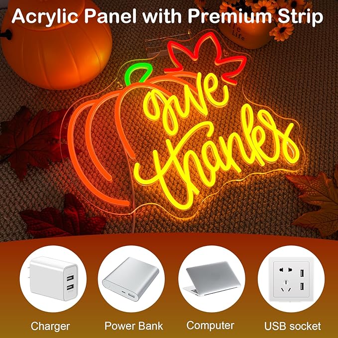 Give Thanks Neon Sign with Light Up Pumpkin LED Neon Light Fall Themed Pumpkins Decor for Bedroom Fall Wall Decor Gift for Teens and Adults