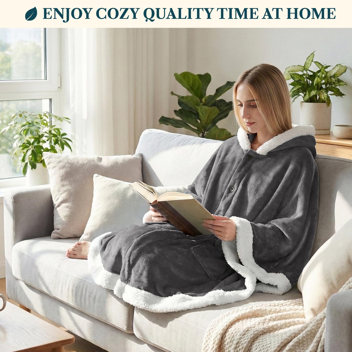 PAVILIA Hooded Blanket Poncho, Women Fleece Shawl Wrap with Hood, Wearable Blanket Cozy Warm Poncho Cape Throw with Pockets, Gift for Elderly Mom, Dark Gray