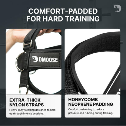 DMoose Fitness Neck Harness Plus for Weight Lifting - Soft Padded Head & Chin Strap with 30" Heavy Duty Steel Chain, 2 Bands & Door Anchor - Neck Exerciser & Strengthener (Neck Harness Plus)