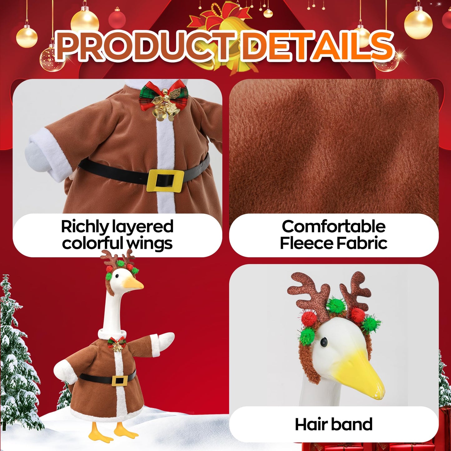 Lodaxu Christmas Porch Goose Outfit for Large 23" High Cement or Plastic Goose Statue, Yard Goose Cloths with Deer Antler Headband, Bell Bow Tie Decor for Outdoor Lawn Gaden Patio
