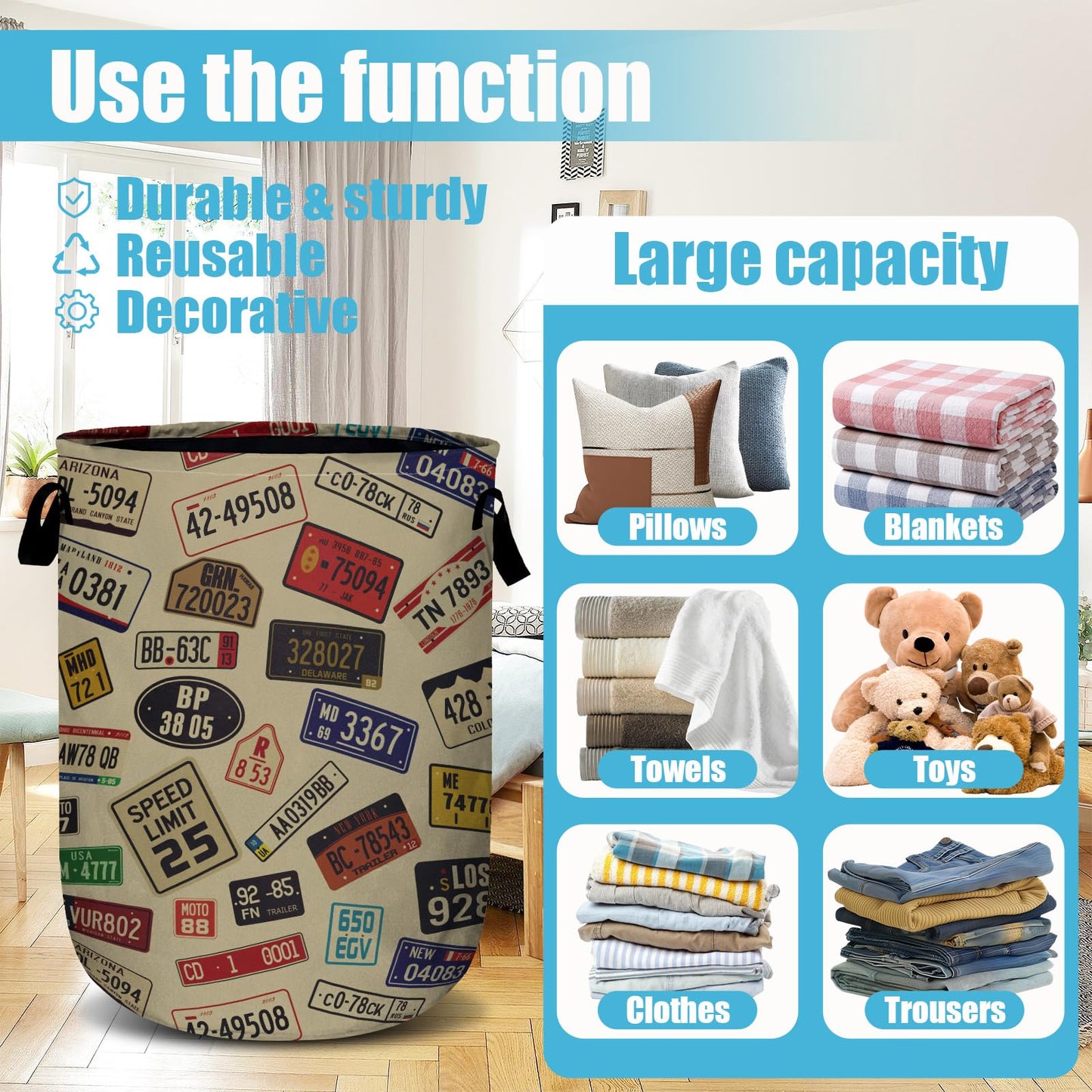 Colourful Car Number Plates Laundry Basket, Laundry Hamper Collapsible Oxford Cloth with Handle Clothes Storage Bin for Bathroom Laundry Room Bedroom 15.7 X 20 Inch
