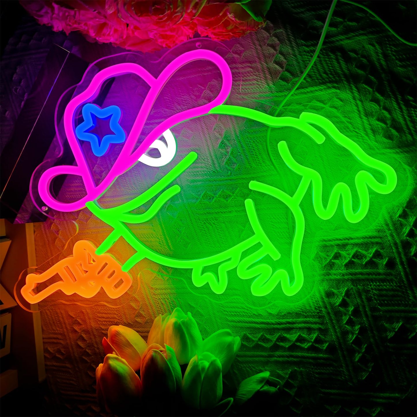 Cowboy frog neon sign, dimmable frog neon LED light funny neon sign for wall decoration, suitable for playroom decoration, party decoration, baby room, kids gift.