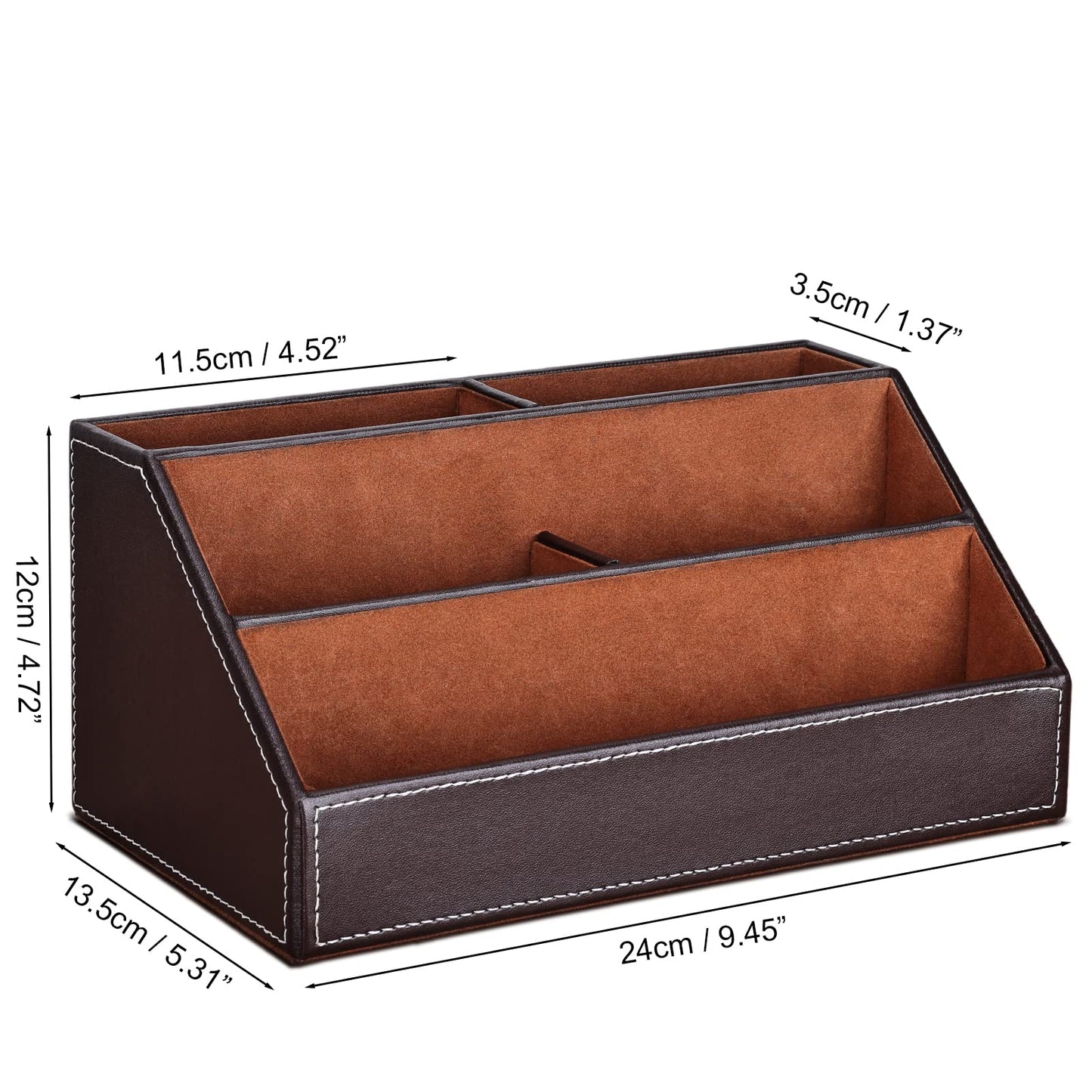 KINGFOM Pu Leather Desk Organizer with 5 Compartments Holder, Multi-Functional Office Supplies Storage Caddy for Pen/Pencil, Phones, Remote Controller and Desktop Accessorie Brown