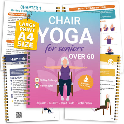 Chair Yoga for Seniors Over 60 Book and Chart, 30 Poses with Video Guide, Spiral Bound, Large Print, 30-Day Laminated Chart, Seated Exercises for Weight Loss, Flexibility, Gift for Women and Men