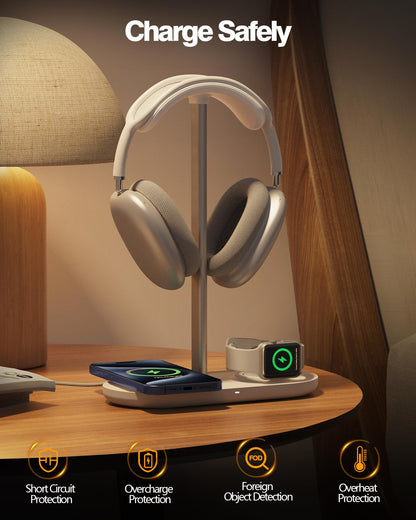 Universal Headphone Stand, Magnetic Wireless Charger for iPhones/AirPods/iWatch, Aluminum Alloy Rod, Leather Pad, ABS Solid Base, White