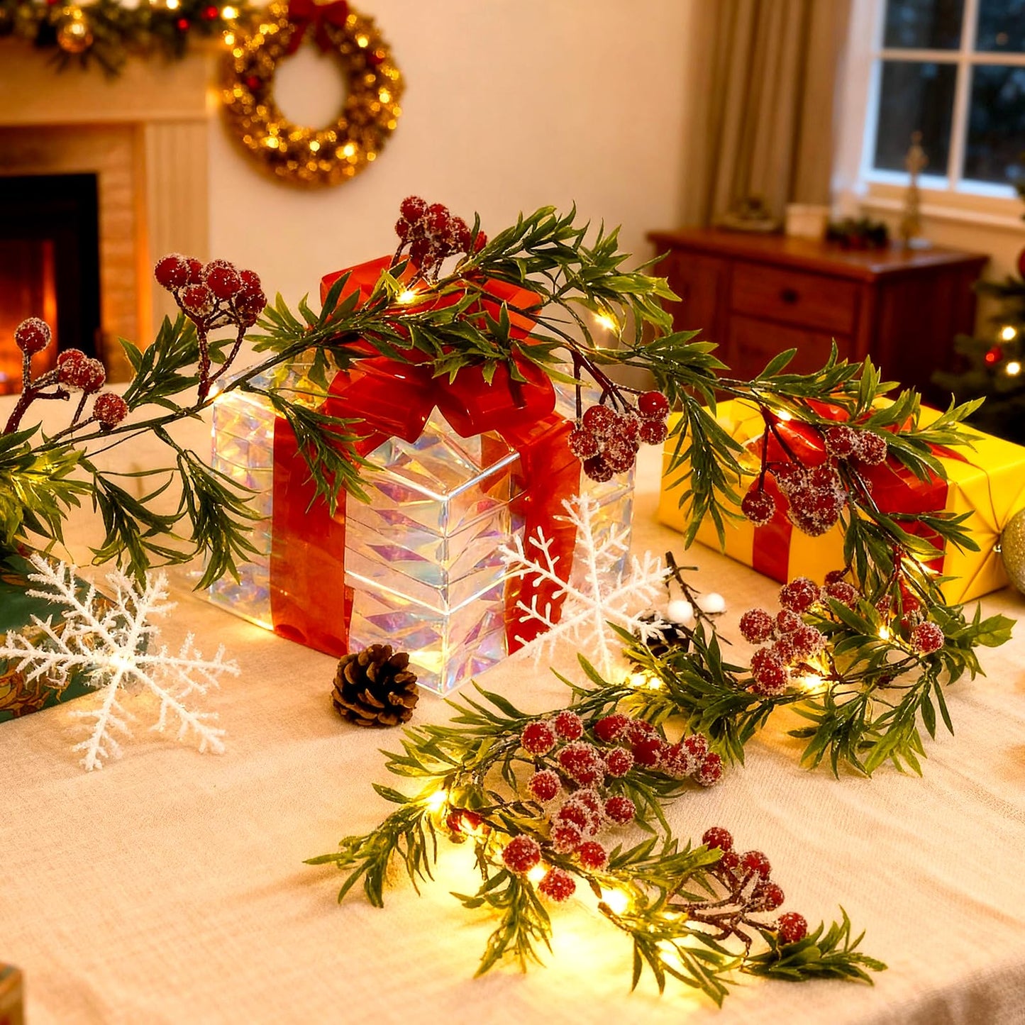 Christmas Garland with Light,Lighted Snowy Red Berries Holly Leaves Garland for Fireplace Mantle Indoor Outdoor Christmas Decoration 6.5FT Pre-lit Battery Operated Xmas String Lights 1 Pack