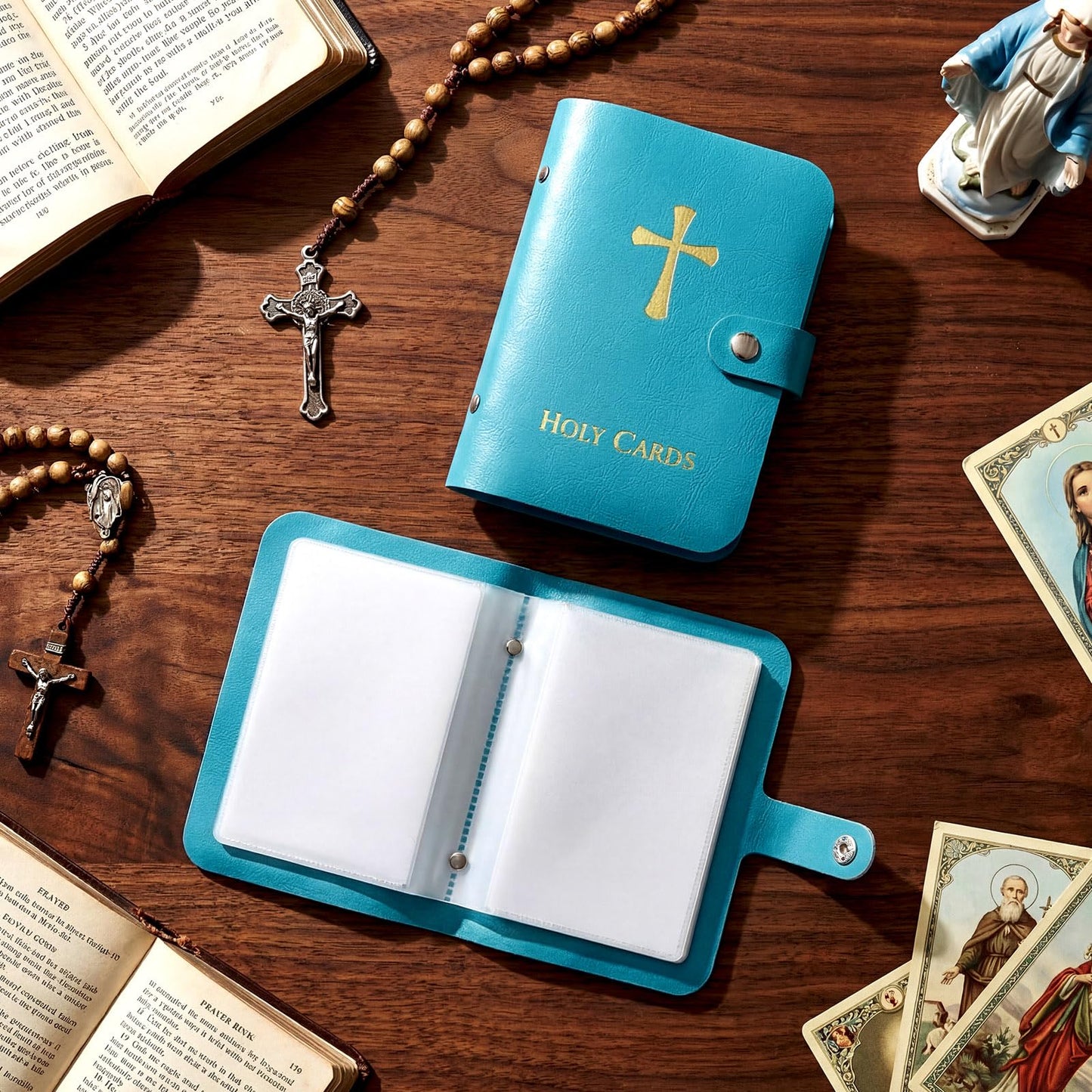 Lerheedi Holy Card Holder Case Faux Leather, up to 40 Prayer Cards with Snap Closure, Portable for Travel, Ideal Religious Gift for Adults, Unisex (Blue)