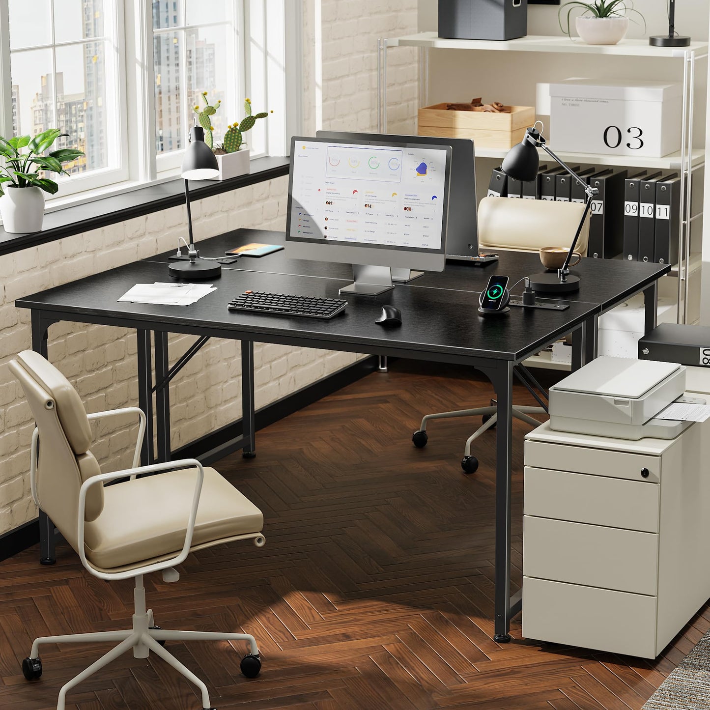 PRAISUN 55 X 20 Inch Office Computer Desk with Power Outlets and USB-C Port, Larger and Longer Gaming Desk, for Home Office, Study, Bedroom, Writing Work from Home Table, Metal Frame, Black