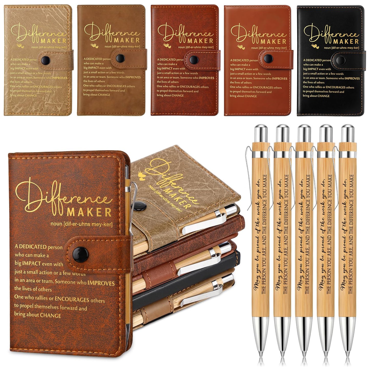 Marspark 10 Set Difference Maker Employee Appreciation Gifts Inspirational A5 Leather Notebooks with Pens Thank You Gifts Motivational for Men Women Volunteers Teachers