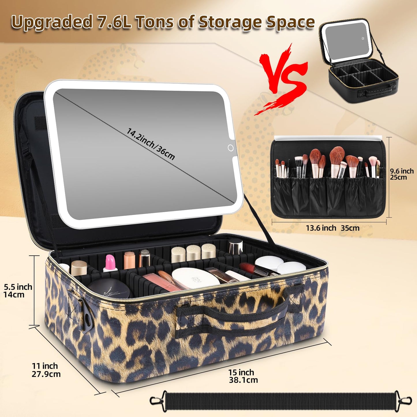 15''X11'' Large Makeup Bag with Removable Lighted Mirror, Professional Travel Make up Bag with Mirror and Light Cosmetic Train Case Organizer, PU Leather with Adjustable Dividers & Brush Storage Board