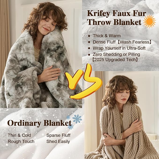 Krifey Faux Fur Throw Blanket, Super Soft Cozy Blanket, Luxury Fluffy Blanket Warm Bed Throw, Plush Christmas Birthday Gifts for Women, Room Home Dorm Decor, Marbled Gray 50" x 60"