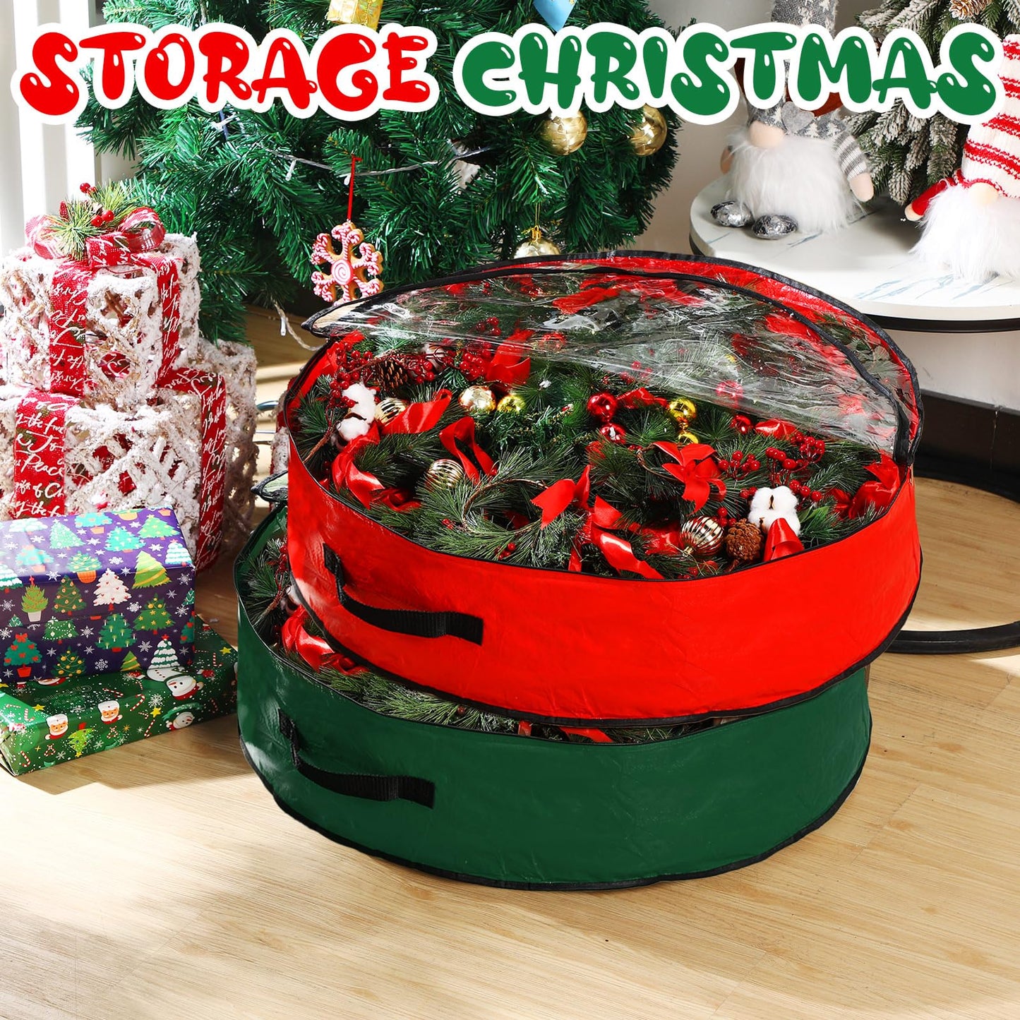 Aliceset 4 Pack Wreath Storage Containers, Ornament Garland Wreath Storage Bags with Handle Zipper Decorative Storages Box for Christmas in July Wreaths(24 x 24 x 7.8 Inch,Red, Green)