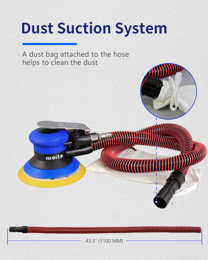 meite Random Orbital Sander 5 Inch Pad with Dust Collection System, DA Palm Sander with Variable Speed & Low Vibration, Ergonomic Pneumatic Air Sander for Professional & DIY Woodworking