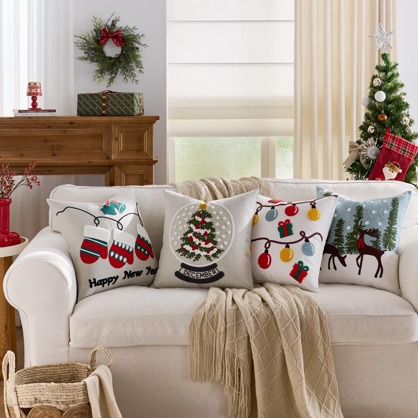 Farmhouse Christmas Pillow Covers 18x18 Set of 2, Xmas Embroidered Throw Cushion Cases with Festive Patterns for Rustic Home Holiday Decor (Snow Globe Christmas Tree, 18" x 18" (Pack of 2))