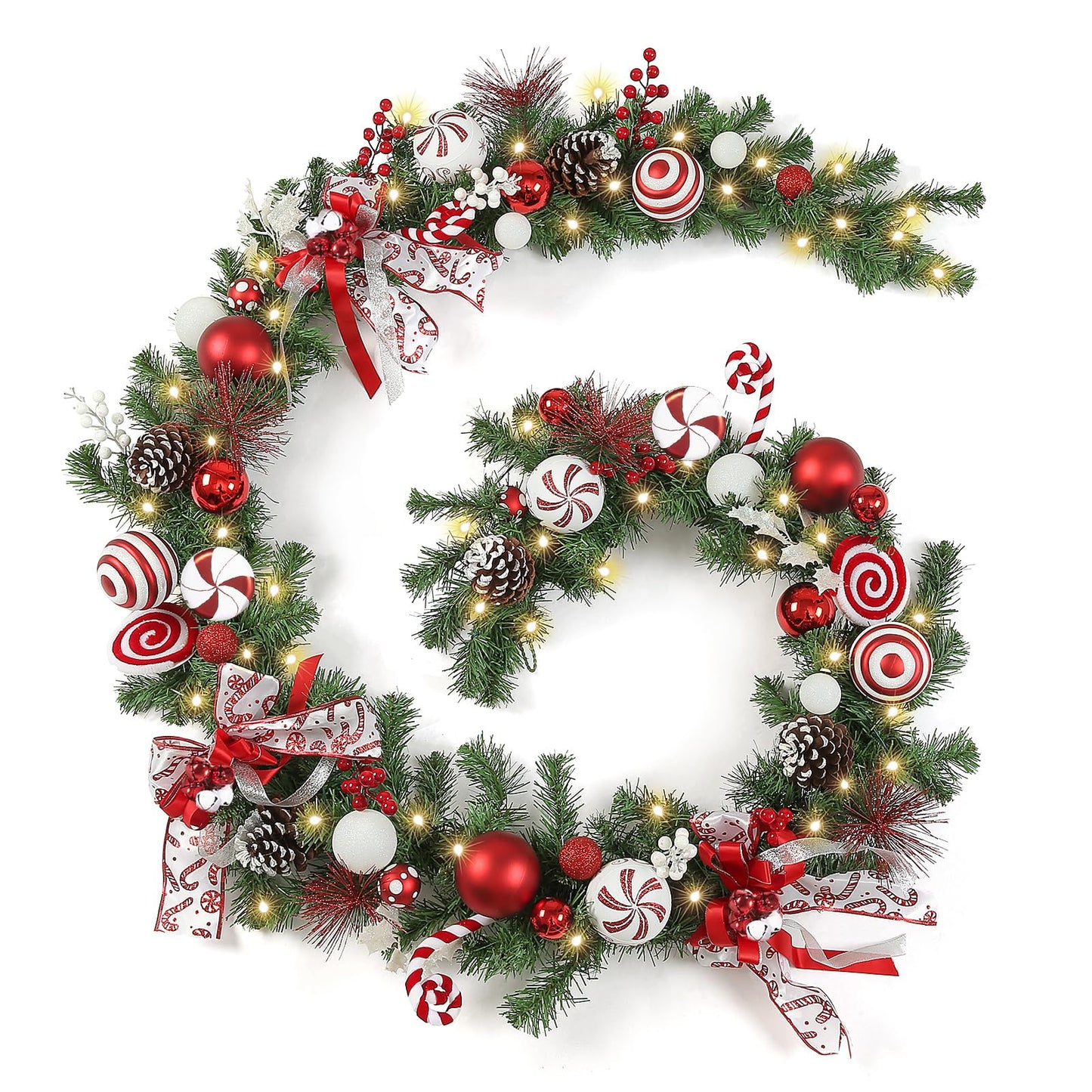 WBHome Pre-lit 9 Feet/106 Inch Christmas Garland Candy Shop Red & White Themed with 50 LED Lights Holiday Decorations, Battery Operated (Batteries NOT Included)