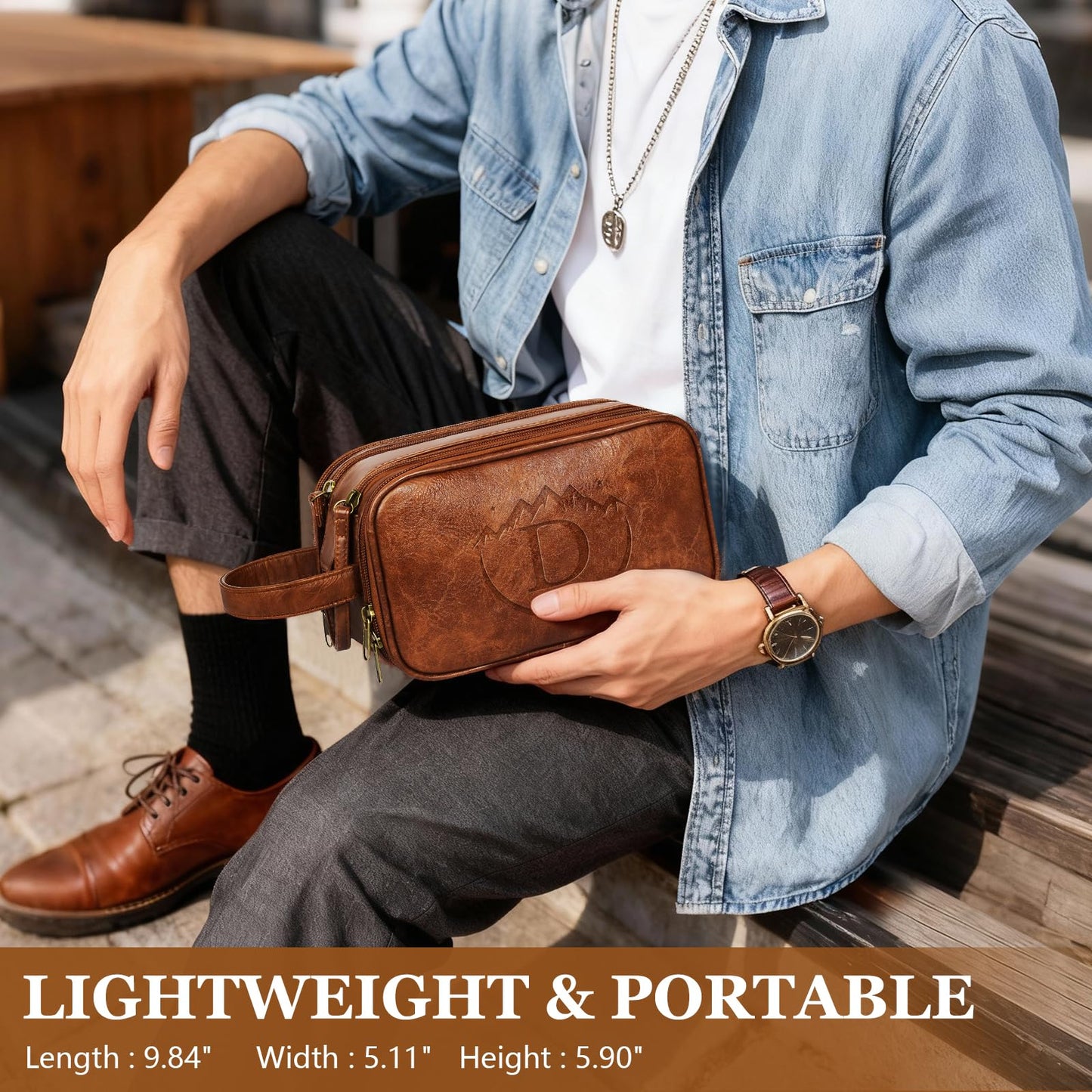 Personalized Leather Toiletry Bag for Men,Thanksgiving Day Gift for Dad Him Men,Custom Travel Shaving Bag,Dad Birthday Gift for Husband Groomsmen Anniversary Christmas Valentine's Father Day-Browm D