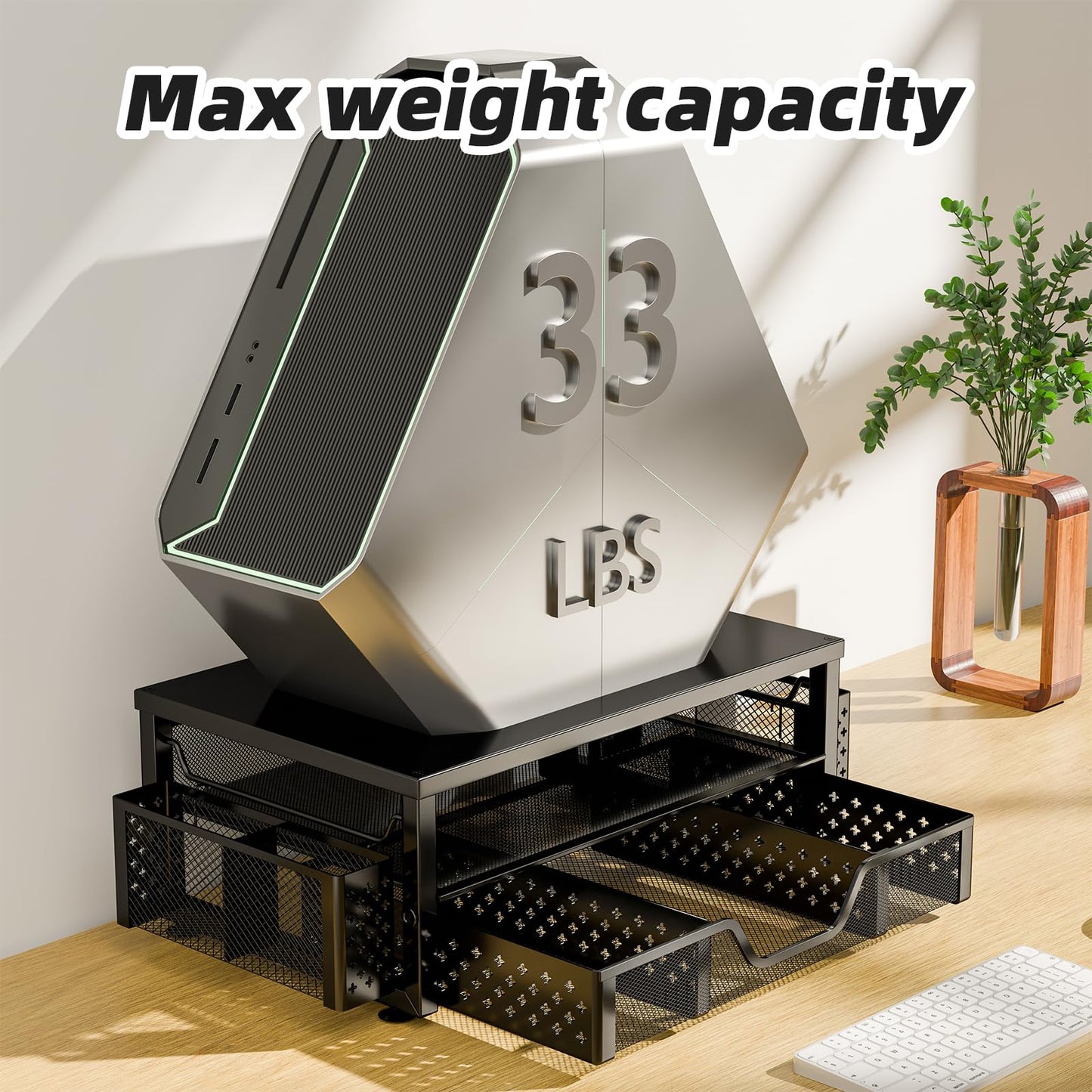 Simple Trending Desk Organizer and Accessories, 2-Tier Computer Monitor Stand Riser with Drawer and 2 Pen Holders for Office Supplies, Black
