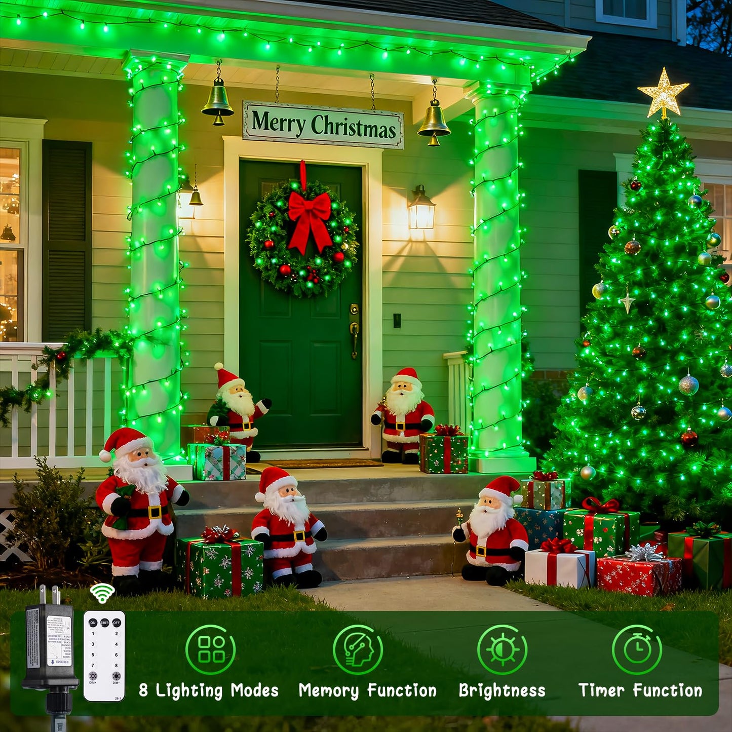JMEXSUSS 400 LED Green Christmas Lights Outdoor, 132ft Green String Lights Plug in with Remote, Indoor Christmas String Light for Porch Tree House Yard Decorations