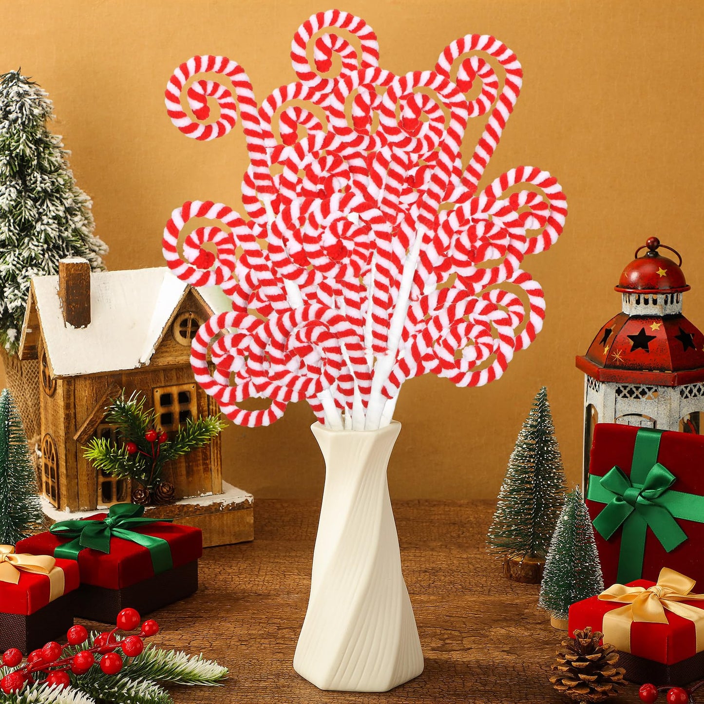 Gerrii 12 Pcs Red and White Candy Cane Christmas Decoration 16" Tree Pick Peppermint Christmas Ornament Xmas Tree Topper Woolen Curly Lollipop Pick Spray for Holiday Party Vase Wreath Garland