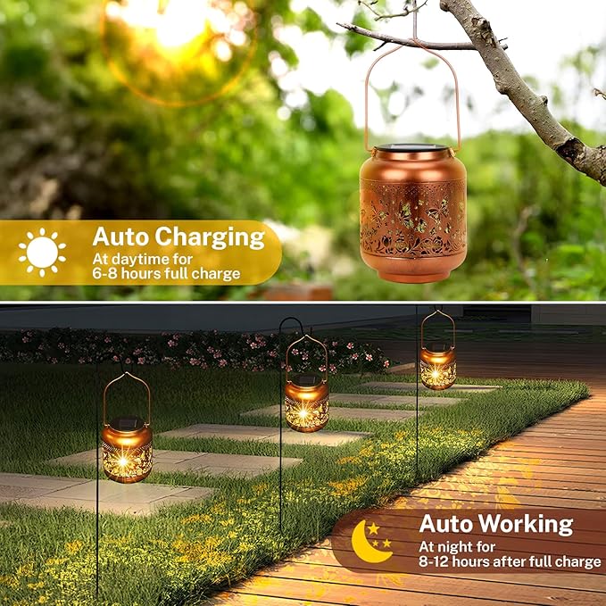 Butterfly Solar Lanterns Outdoor Hanging, Waterproof Metal Solar Lights Outside for Garden Porch Yard Patio Pathway Tabletop Landscape Decor, LED Lantern Gifts for Women Mom Grandma