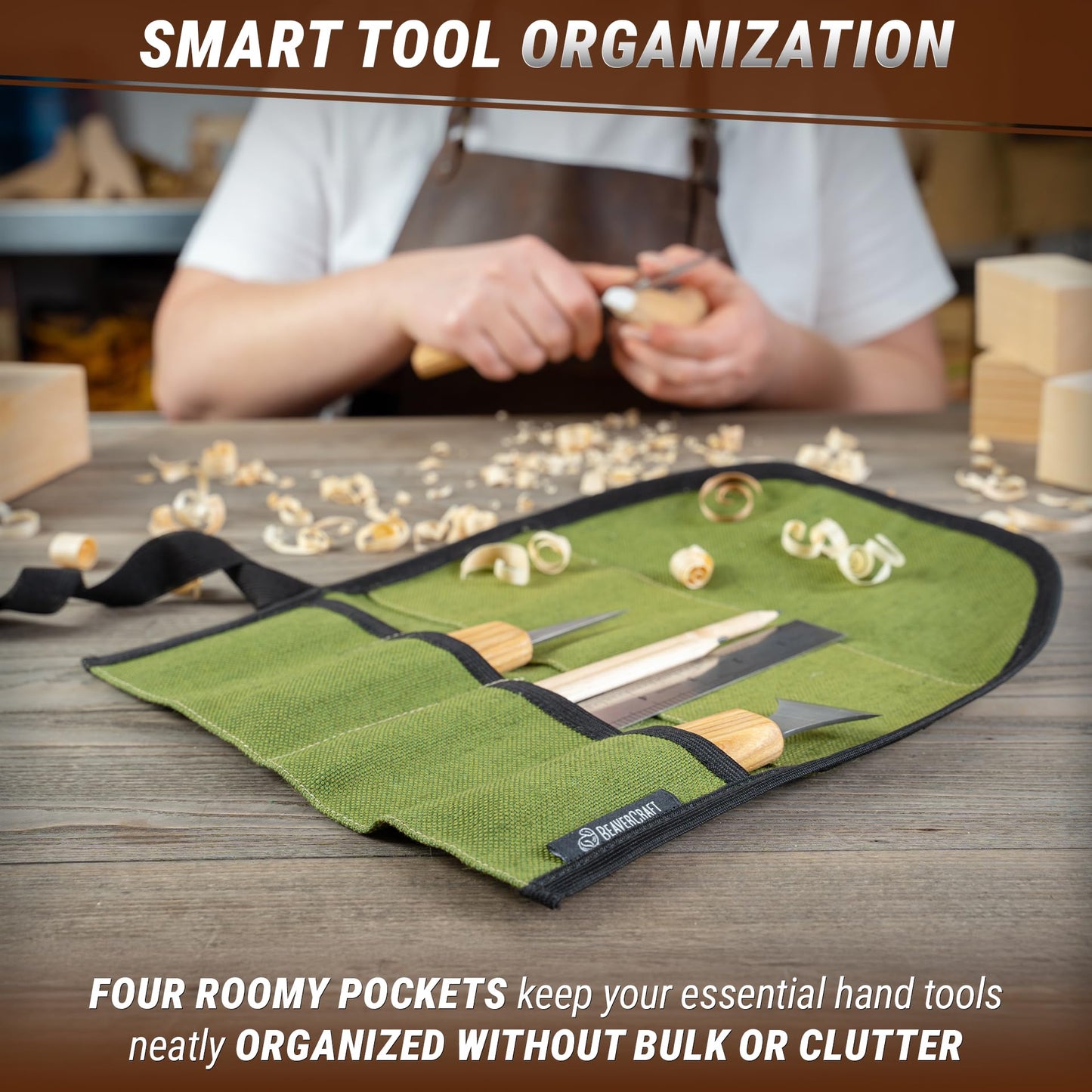BeaverCraft TR4 Rolling Small Tool up Organizer Bag 4 Pockets Wrench roll up Pouch Gear roll up Tool Pouch for Knives and chisels Storage with 4 Slots