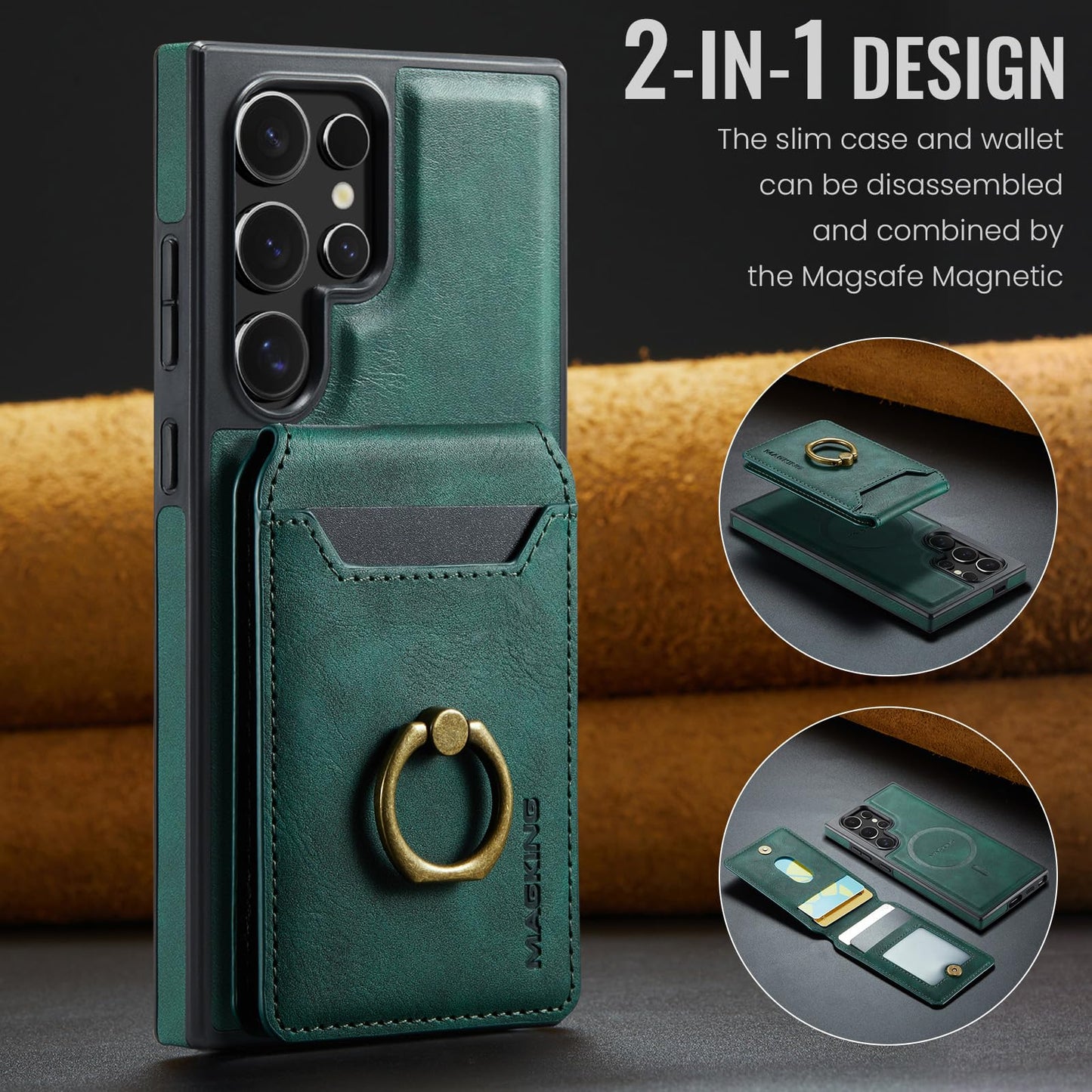 Konstreet for Samsung Galaxy S26 Ultra 2 in 1 Detachable Card Bag Wallet Case Durable Leather Wallets Magnetic Card Holder 4 Card Slots Ring Stand RFID Blocking Green