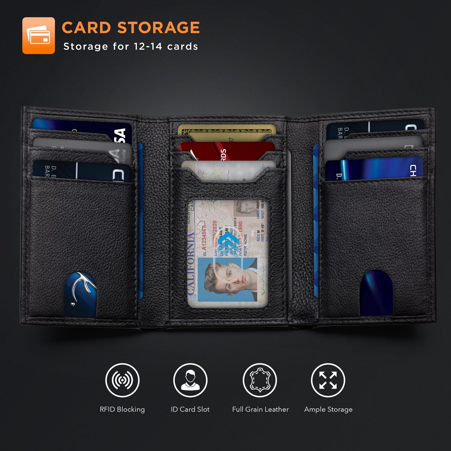 SERMAN BRANDS Trifold Wallet for Men - RFID Blocking Genuine Leather, 11 Card Slots & ID Window, Slim Everyday Carry, Durable Stitching, Gift for Him
