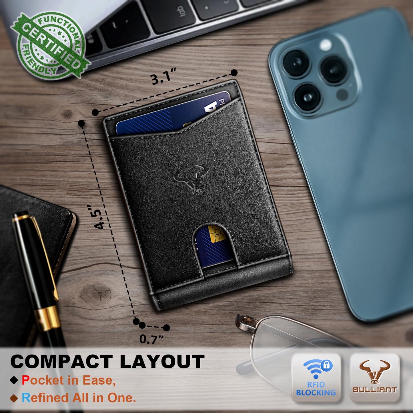 BULLIANT Men Wallet, Slim Leather Wallet Front Pocket Card Holder Gift For Men 11 Slots RFID Blocking