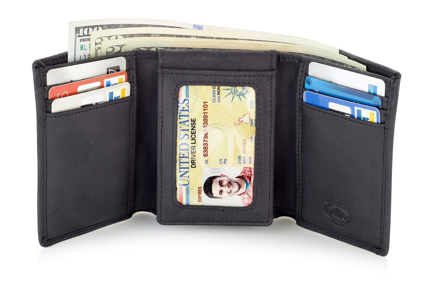 Stealth Mode Trifold Leather Wallet for Men with ID Holder and RFID Blocking (Black)
