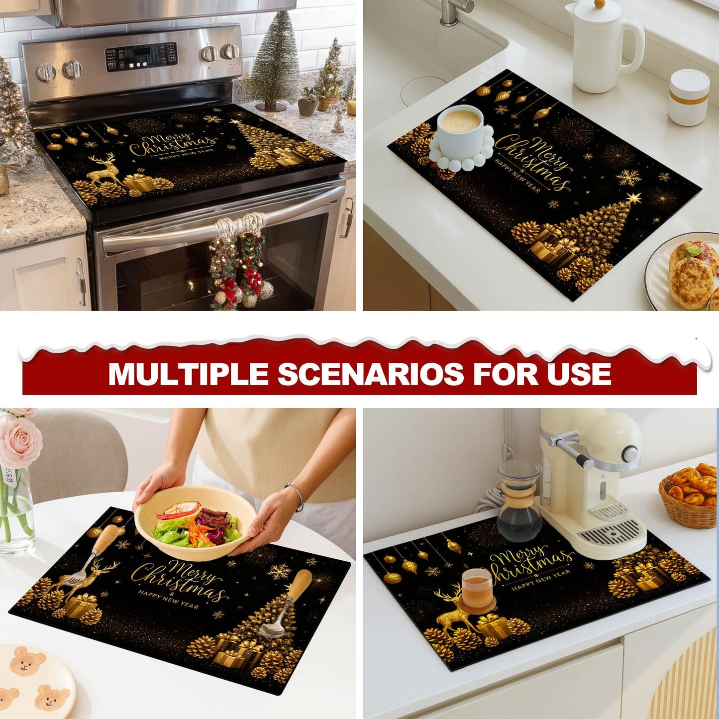 HOMETITUTE Christmas Stove Top Cover 28x20 Inch Glass Top Protector Silicone Cooktop Mat Heat Resistant Stovetop Cover Golden Deer Tree Holiday Kitchen Decoration
