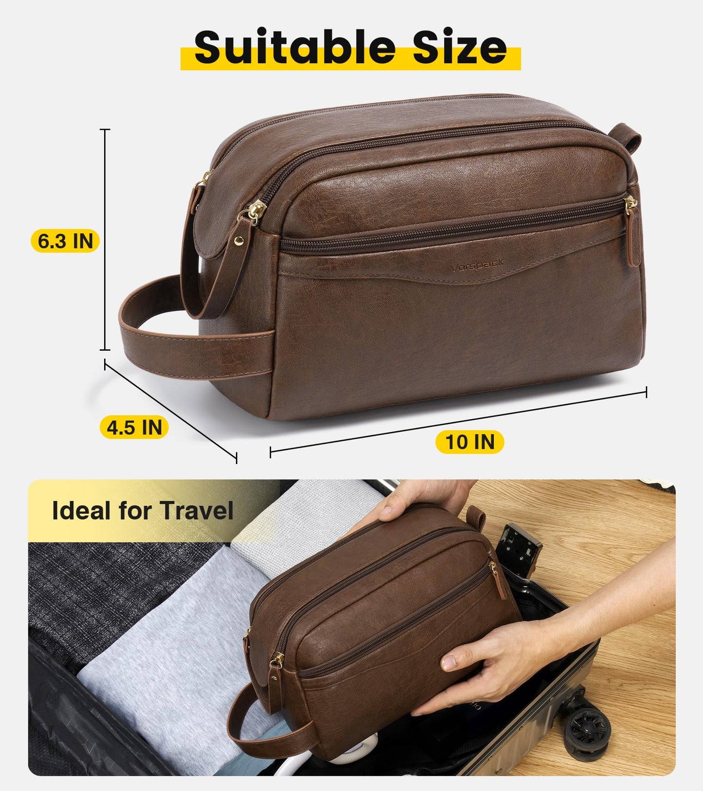 Vorspack PU Leather Toiletry Bag for Men, Water-Resistant Travel Bag for Toiletries, Wide Opening Bathroom Organizer for Shaving, Grooming, Skincare - Dark Brown