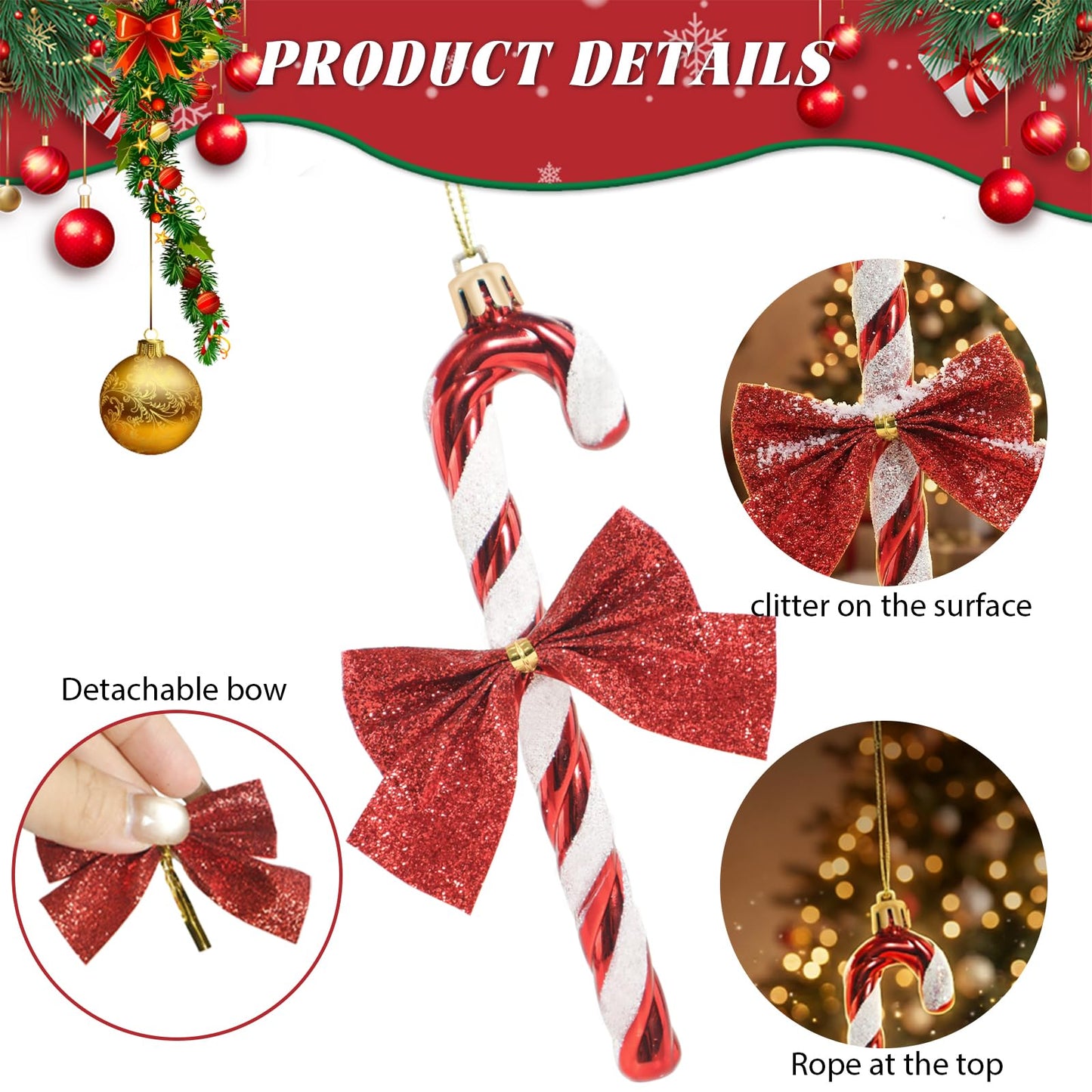 12 pcs Candy Cane Christmas Decorations with Bow - Glitter Candy Cane Xmas Decor - Christmas Hanging Ornaments with Rope for New Year Home Indoor Outdoor Party Holiday (Red)