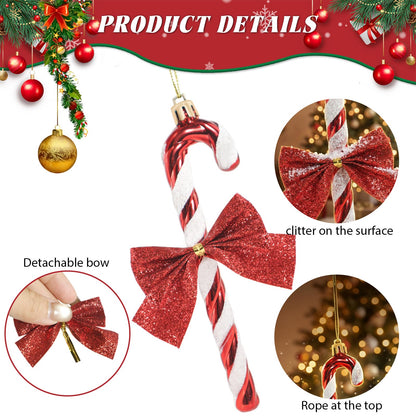 12 pcs Candy Cane Christmas Decorations with Bow - Glitter Candy Cane Xmas Decor - Christmas Hanging Ornaments with Rope for New Year Home Indoor Outdoor Party Holiday (Red)