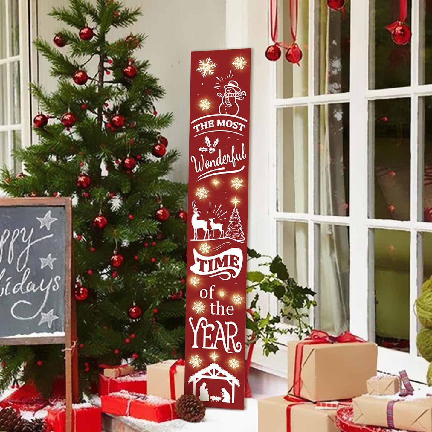 Lighted Wooden Welcome Sign, Merry Christmas Snowflake Elk Porch Sign for Front Door Decorations, Rustic Farmhouse Red Xmas Hanging Signs Wall Sign for Christmas Happy New Year Decor 47.2"H