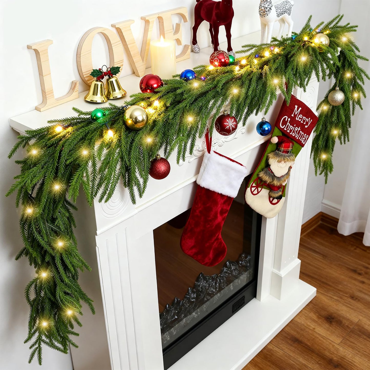 Christmas Garland with Lights for Mantle Prelit - INCIKITI 9FT Norfolk Pine Garland Prelit Garlands for Decoration Christmas, Battery Operated Christmas Garland with Lights for Stairs Railing Table