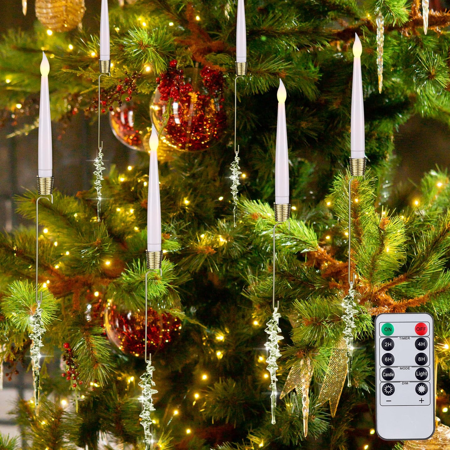 Tujoe 6 Pack Flameless Christmas Tree Candles with Remote Crystal Icicle Hook Hanging Candle Lights for Christmas Tree Battery Operated LED Taper Candlesticks with Timer for Home Xmas Party Decor Gift