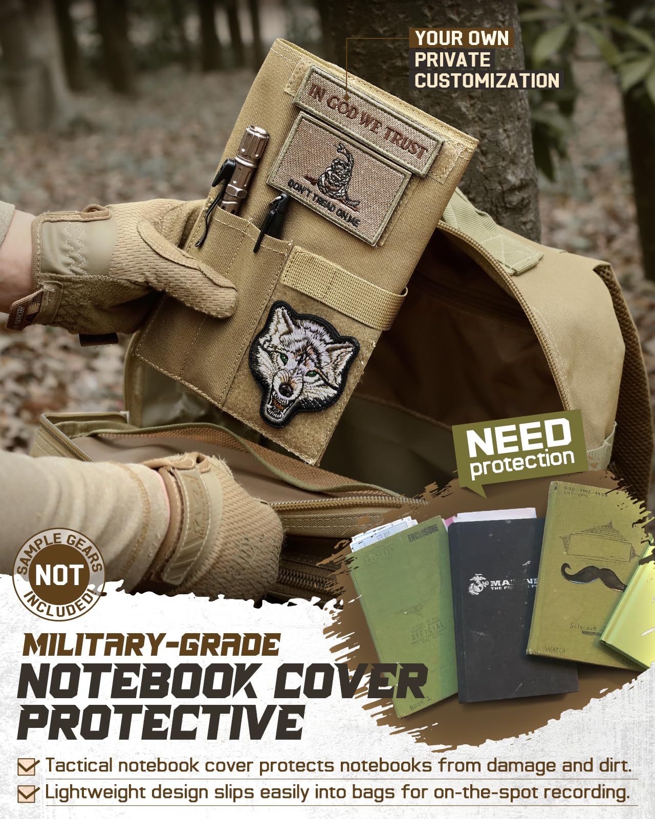 Tactical Book Cover for 5.5" x 8" Military Log Book, Green Book Protective Holder, Detachable Army Field Notebook Cover with Flag Patch, for Protecting (Tan, 5.7x8.7 in)