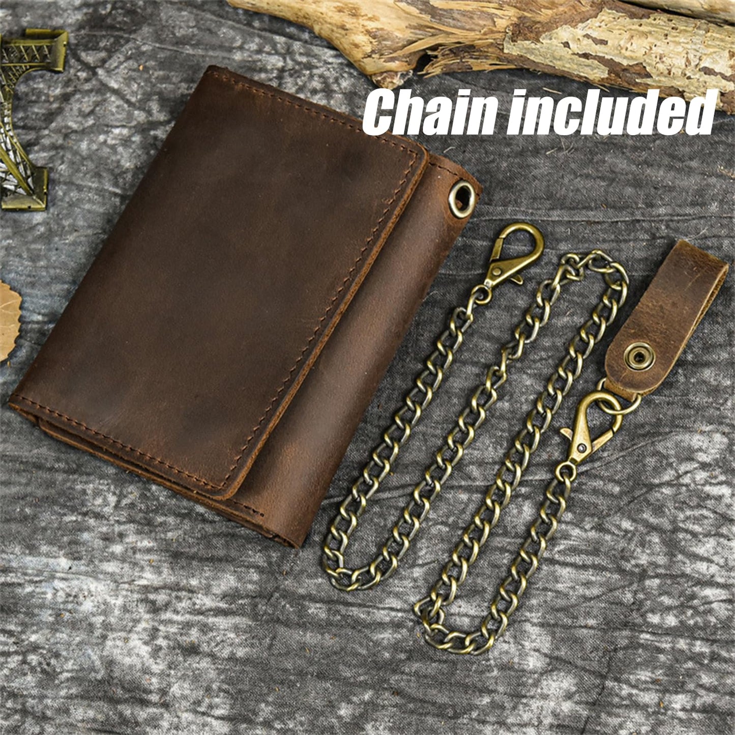 WBQMUNY Men's Tri-fold Vintage Biker Cowhide Top Grain Leather Steel Chain Wallet, Chain Wallets for Men Cow Leather Wallet, Snap Closure