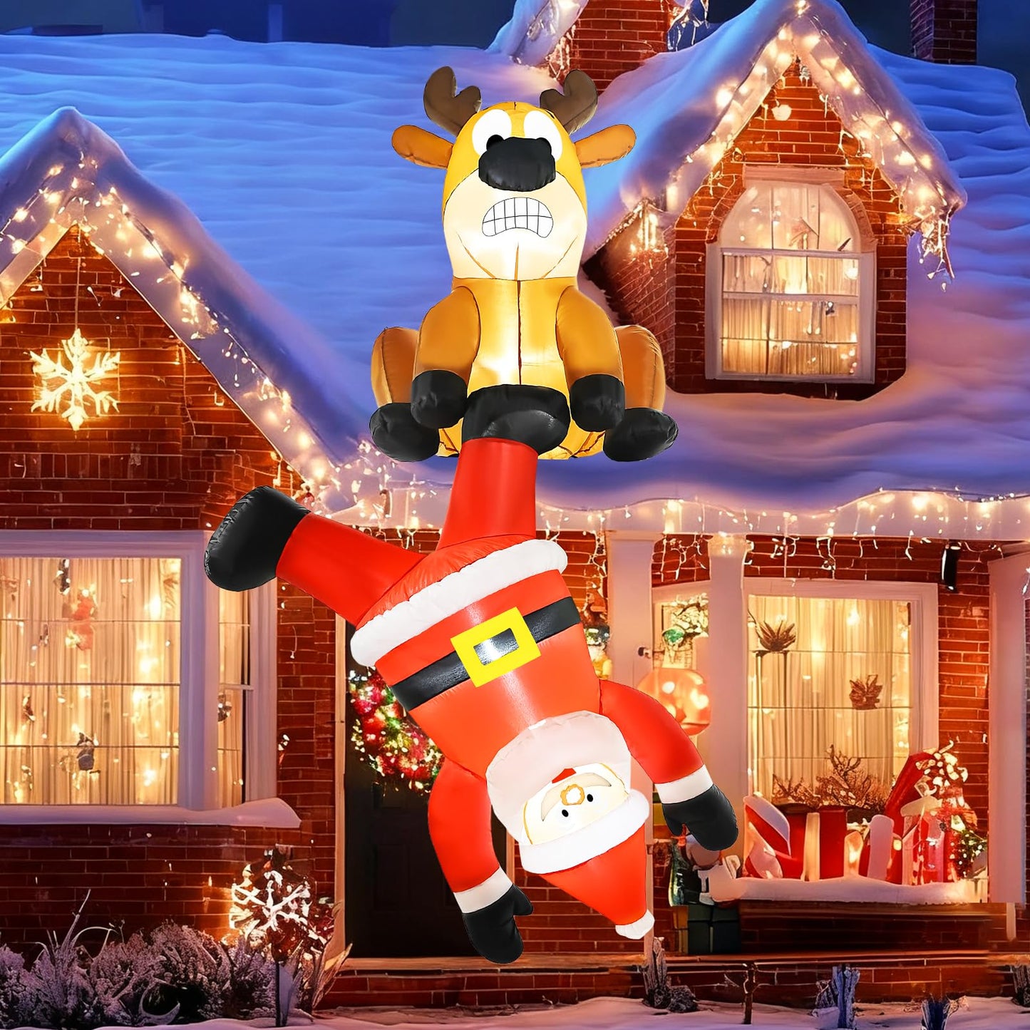 Wabolay Christmas Inflatable Climbing Santa Claus & Reindeer Outdoor Decorations 8 FT Giant Funny Hanging Blow Up Yard Inflatables Xmas Party Blowups with Led Holiday Outside Garden Lawn Roof Decor