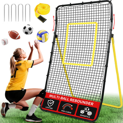 BAGAIL Volleyball Rebounder Net 7x4 Ft, Bounce Back Training Equipment with Unique Curved Frame for Better Catching, 5 Adjustable Angles for Volleying & Spiking, Easy Set Up & Sturdy Base - Yellow