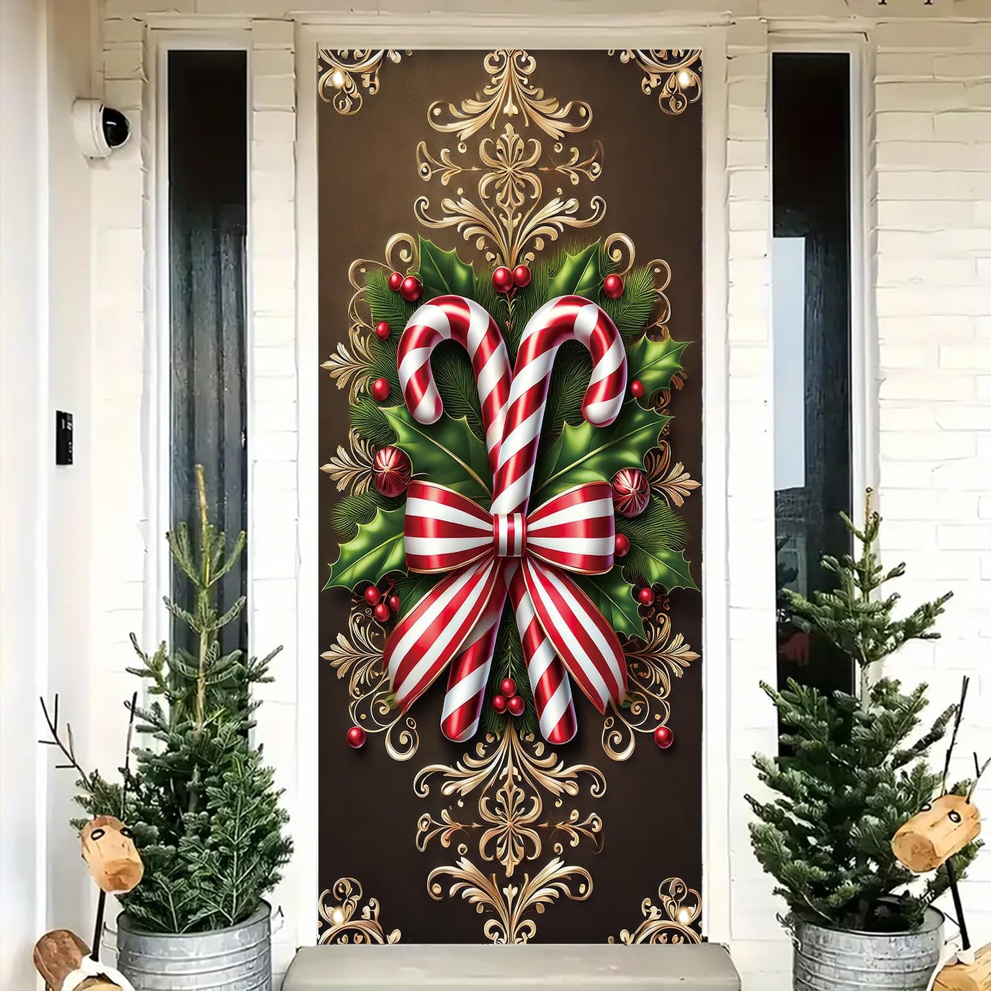 Saoplasa Christmas Door Cover Candy Cane Bow Banner 71 x 35 Inch Holiday Peppermint Stripe Wall Hanging with Holly Leaves Ornaments for Winter Wonderland Xmas Front Door Decor Photo Backdrop
