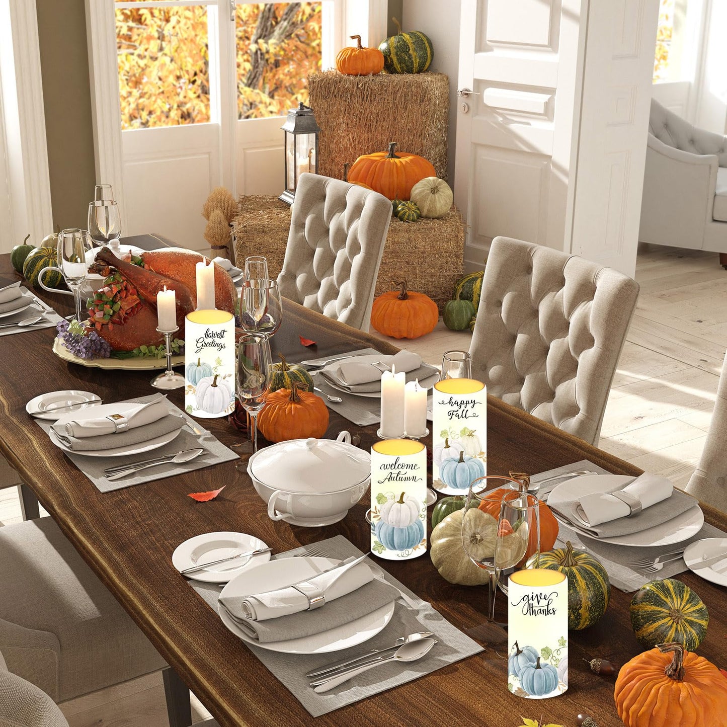 Tiamon 4 Pack Fall Led Candles with Remote - Blue Pumpkin Flameless Candles - Autumn Battery Operated - Warm Light Flickering - Harvest, Thanksgiving Table Decorations, Gift