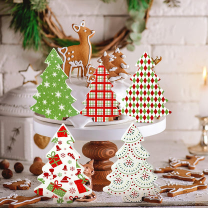 Huwena 5 Pcs Christmas Table Decoration Wooden Xmas Tree Tiered Tray Decor Centerpiece Gift Box Indoor Christmas Tree for Shelf Mantel Fireplace Home Party (Red Green White Buffalo Plaid)