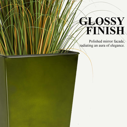 Worth Garden Large Metal Glazed Floor Planter Set of 2-14" Dia x 18" H - Luxurious Glossy Finish Green Tall Square Tapered Steel Plant Pots, Decor Flower Pot Indoor & Outdoor, Drainage Hole