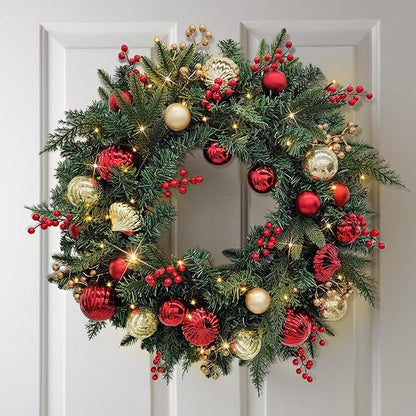 28’’ Pre-Lit Artificial Christmas Wreath, Battery Operated 35 LED Lights with Faux Greenery, Pine Cones, Berries for Front Door, Xmas Wreath for Holiday Christmas Home Decorations