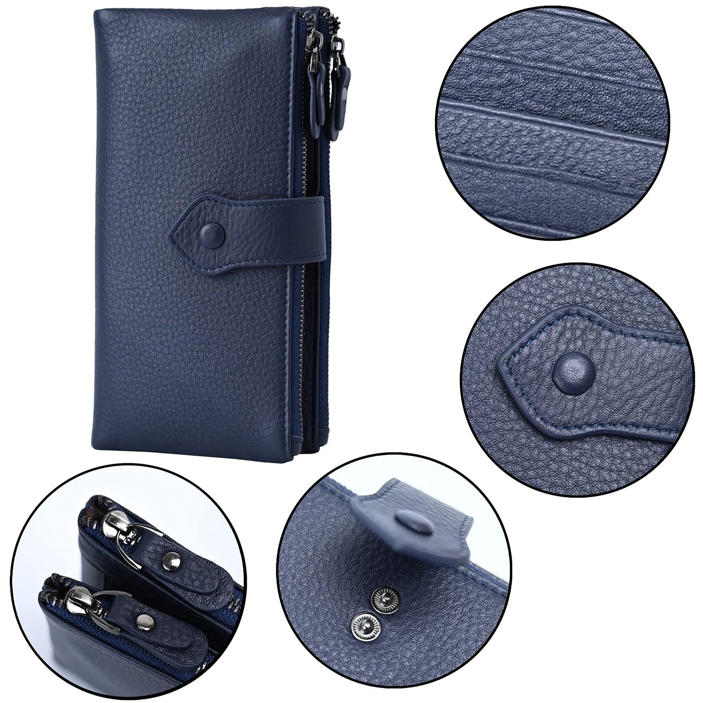 Bveyzi Women Soft Leather RFID Blocking Bifold Slim Wallets Ladies Credit Card Holder Double Zipper Pocket(Deep Blue)