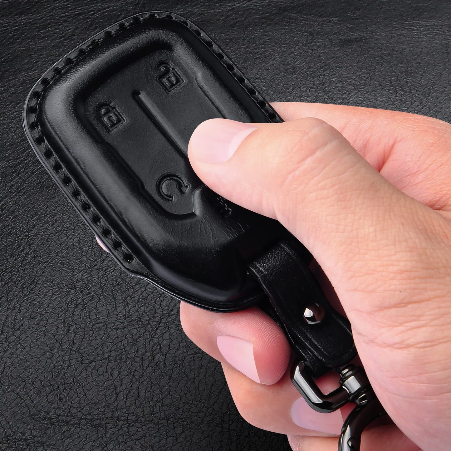 Tukellen Compatible with Chevrolet Leather Key Fob Cover with Keychain,fit 2019 2020 2021 Silverado GMC Sierra Smart Remote Key Shell, Genuine Leather for Chevy Key case(5 Buttons)-Black