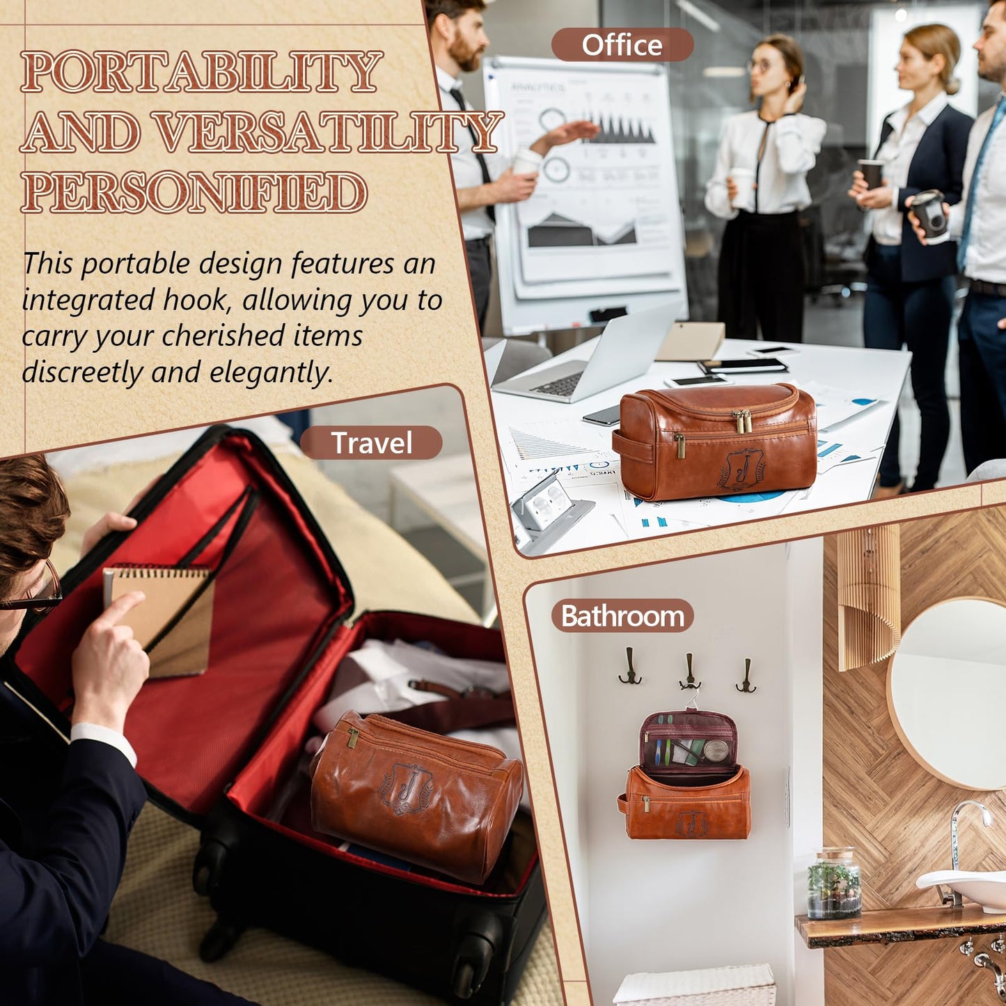 Sadnyy Father's Day Personalized Leather Toiletry Bag for Men Initial Travel Bag with Hook Monogrammed Toiletry Pouch Leather Travel Bathroom Kit with Side Handle for Anniversary Birthday Gifts(J)