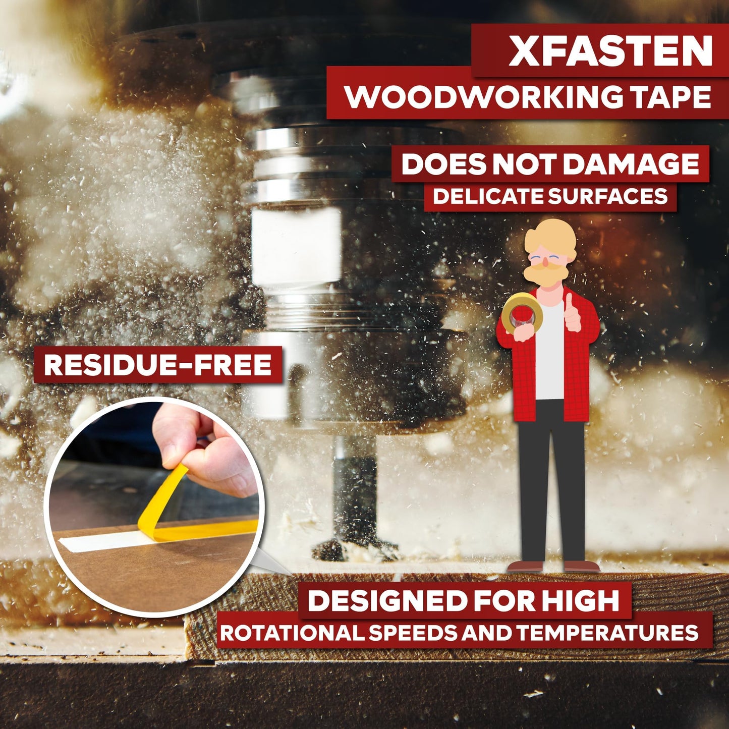 XFasten Double Sided Woodworking Tape 2 Inch x 90 Feet, Heavy Duty Residue-Free Double Sided Masking Tape for Router Templates, High Speed CNC Router, MDF Edge Banding, and Zero Clearance and Gap Cuts